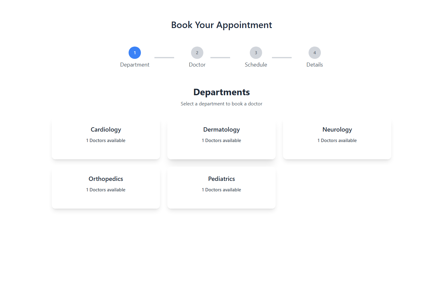 Multi-step booking wizard — Department, Doctor, Schedule, Details steps with department cards