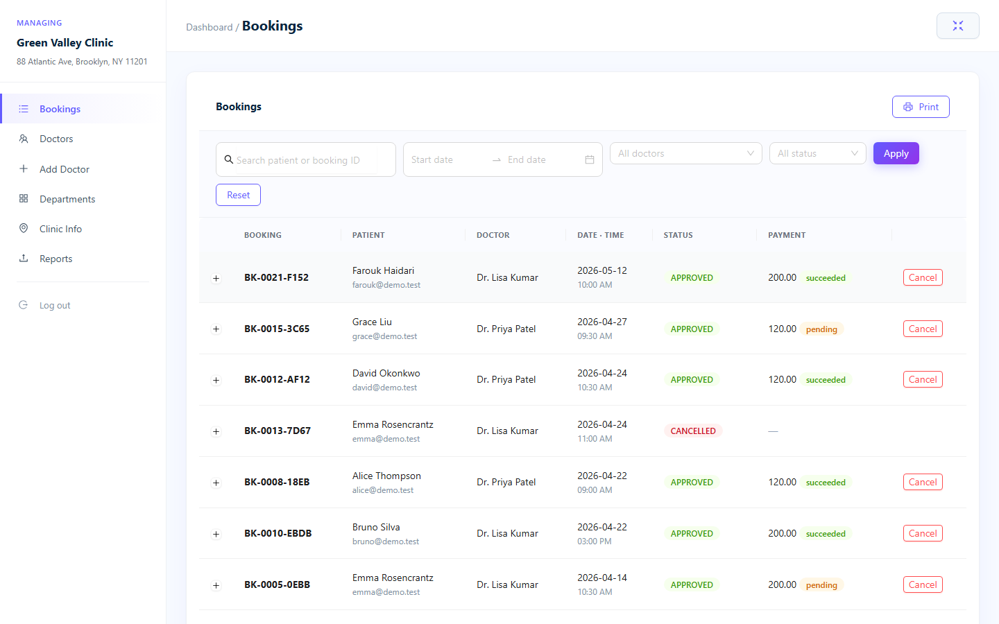 DocBooker clinic dashboard managing bookings, doctors and departments