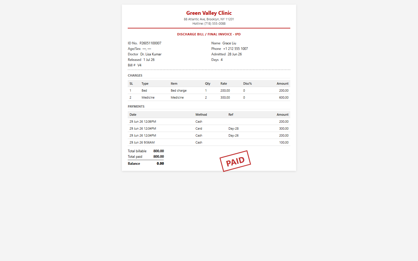Printable discharge invoice marked PAID