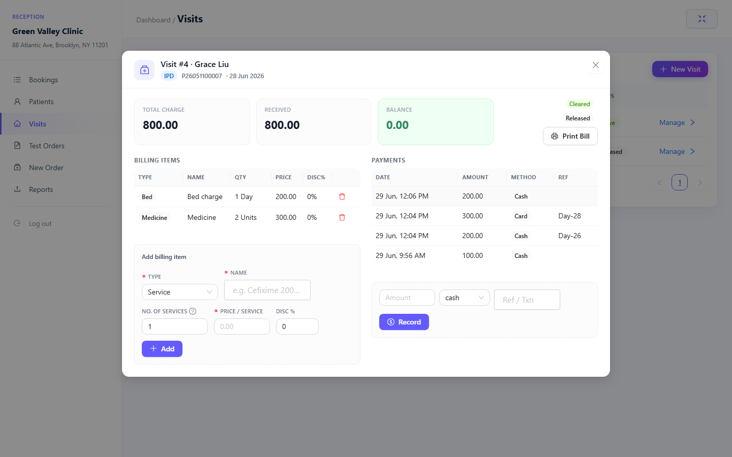 Visit detail — itemised running bill, dated payments, total/received/balance