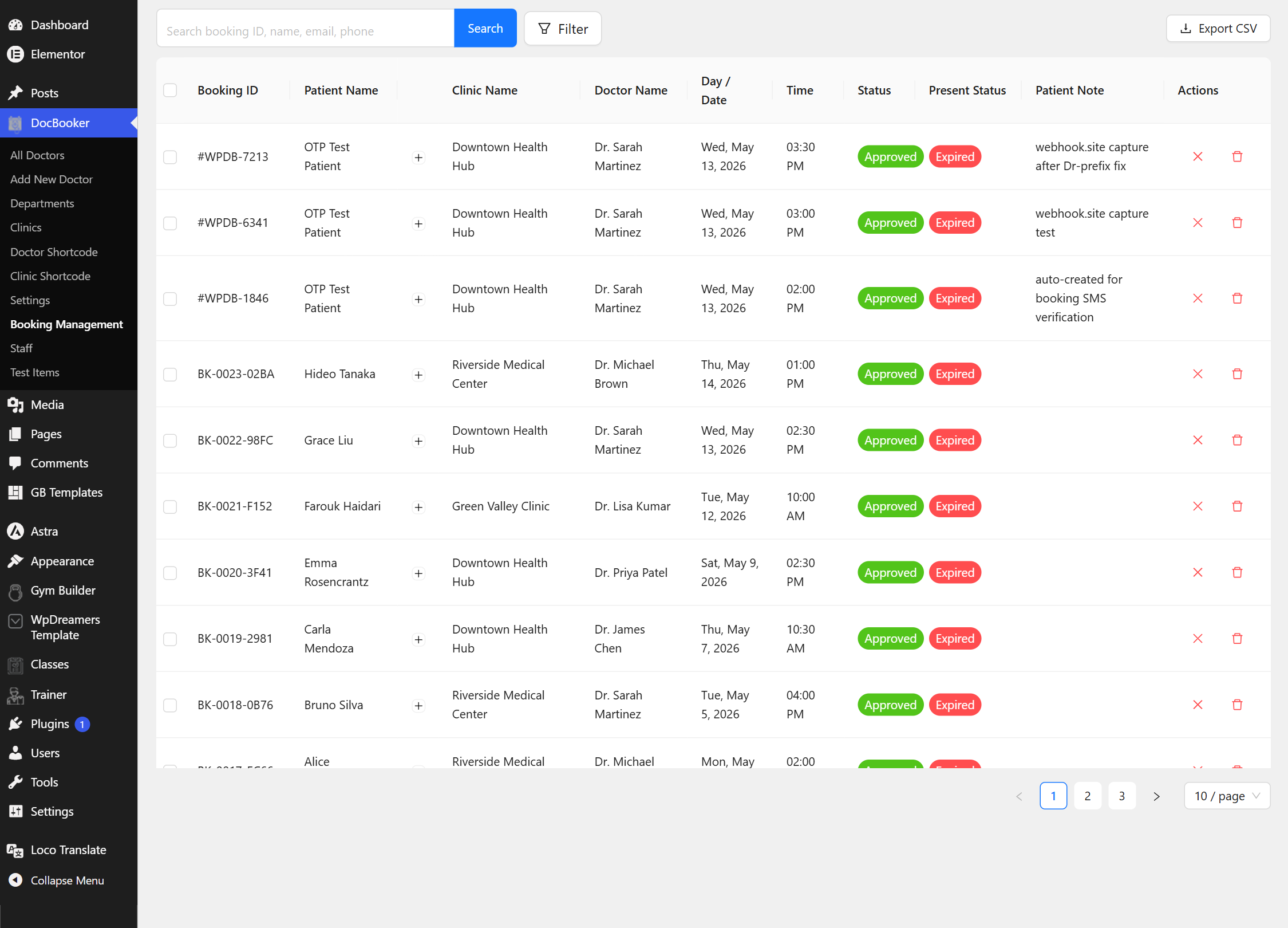 Booking Management dashboard listing appointments