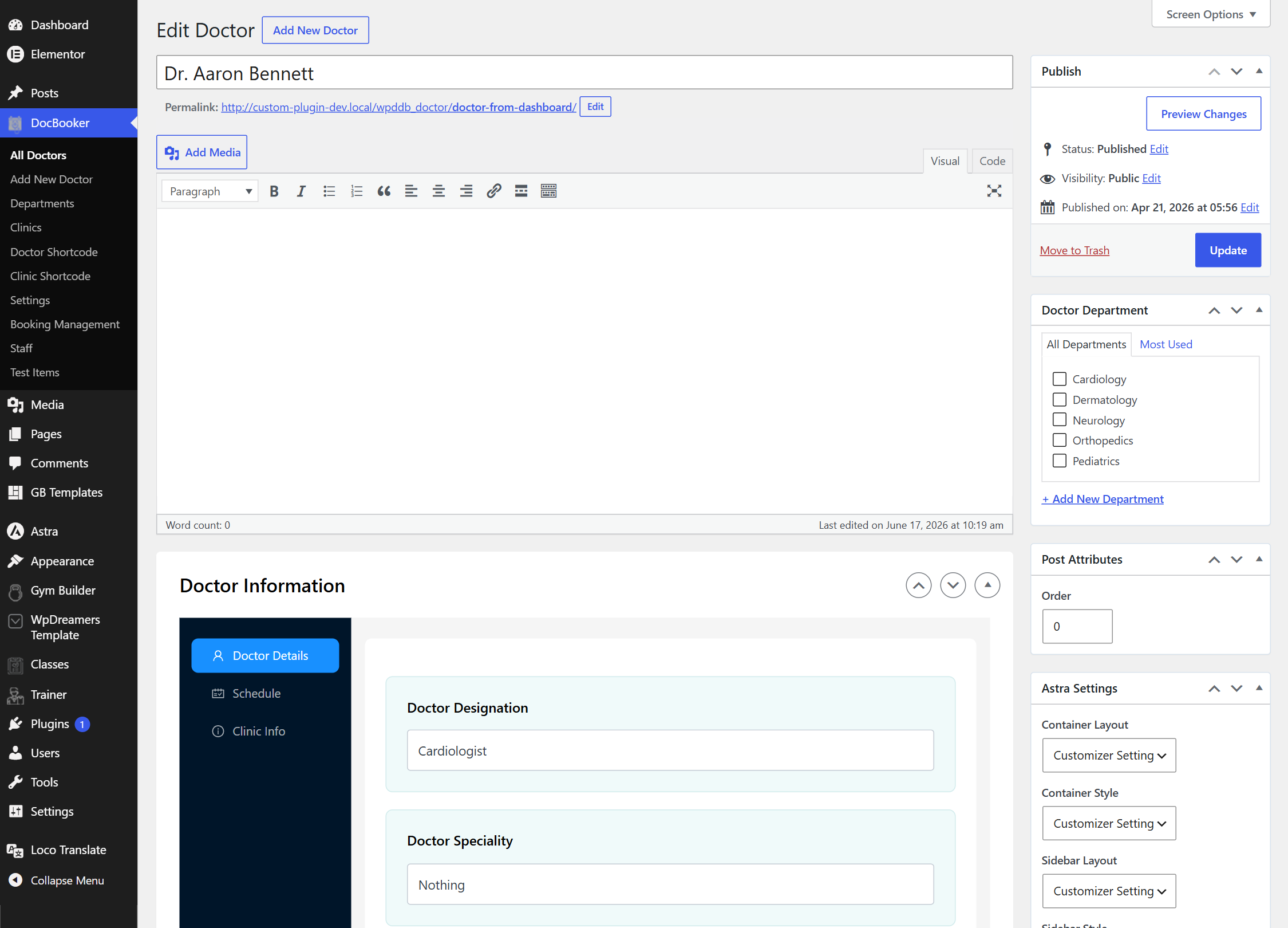 Edit Doctor screen with the Doctor Information meta box and Department selector