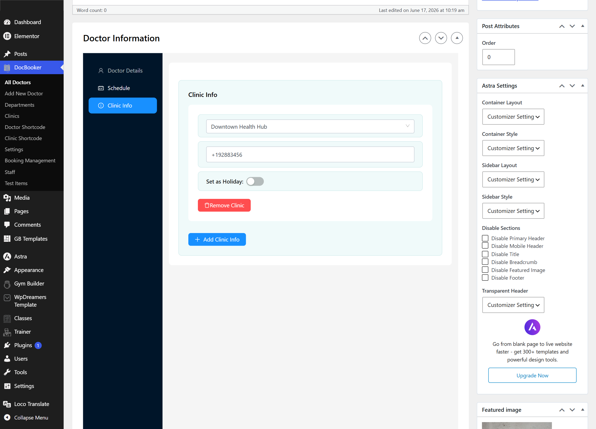 Clinic Info tab with per-clinic hotline and holiday date range