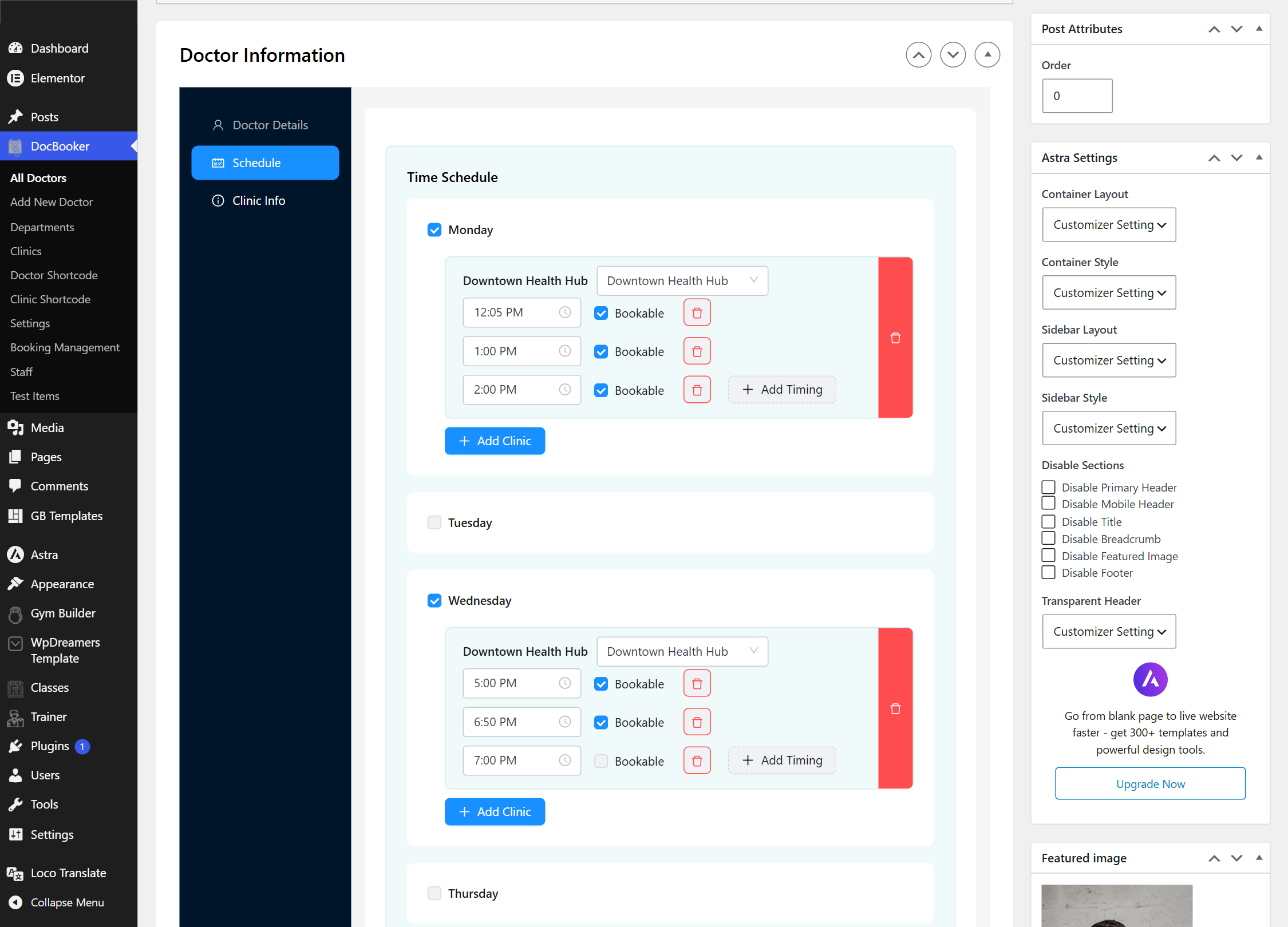 Doctor Schedule tab showing Monday and Wednesday with clinics, time slots and bookable toggles