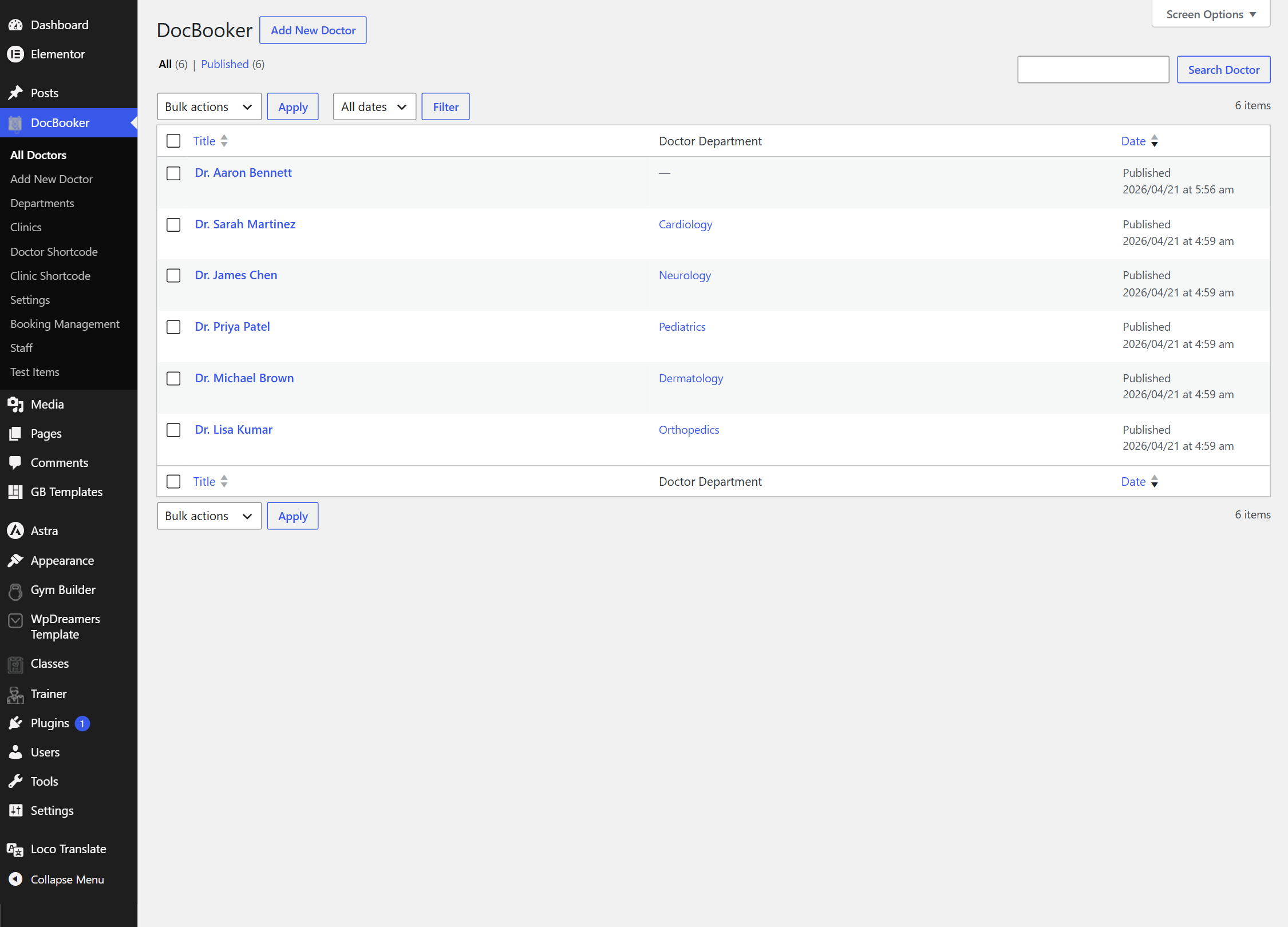 All Doctors list in the WordPress admin