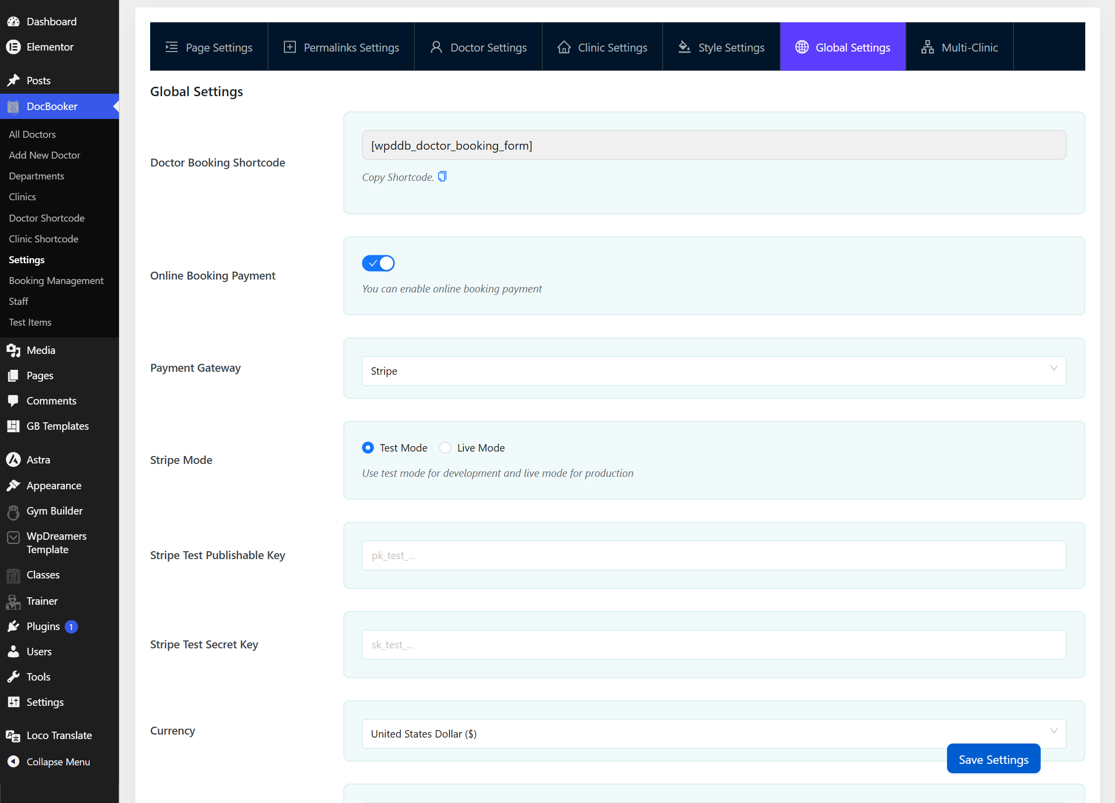 Global Settings with payment toggle, gateway, Stripe mode, keys and currency