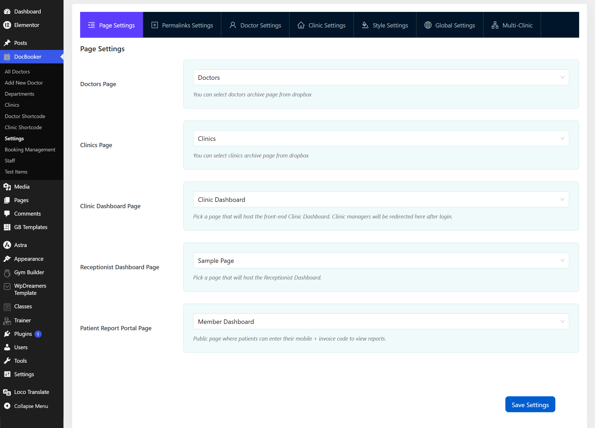 DocBooker Page Settings tab with dropdowns for Doctors, Clinics, Clinic Dashboard, Receptionist Dashboard and Patient Report Portal pages
