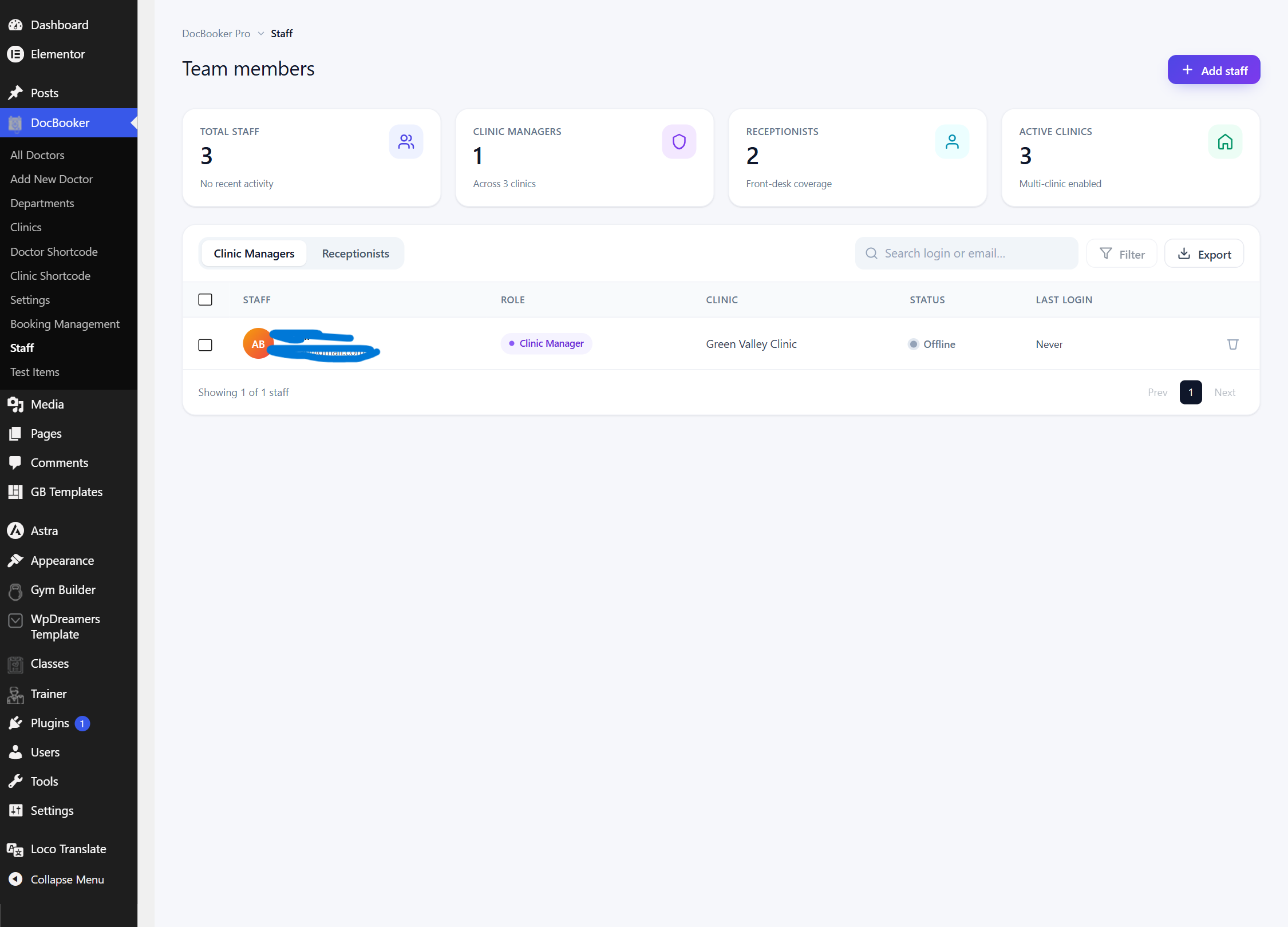 Staff manager with team stats, roles and clinic assignments