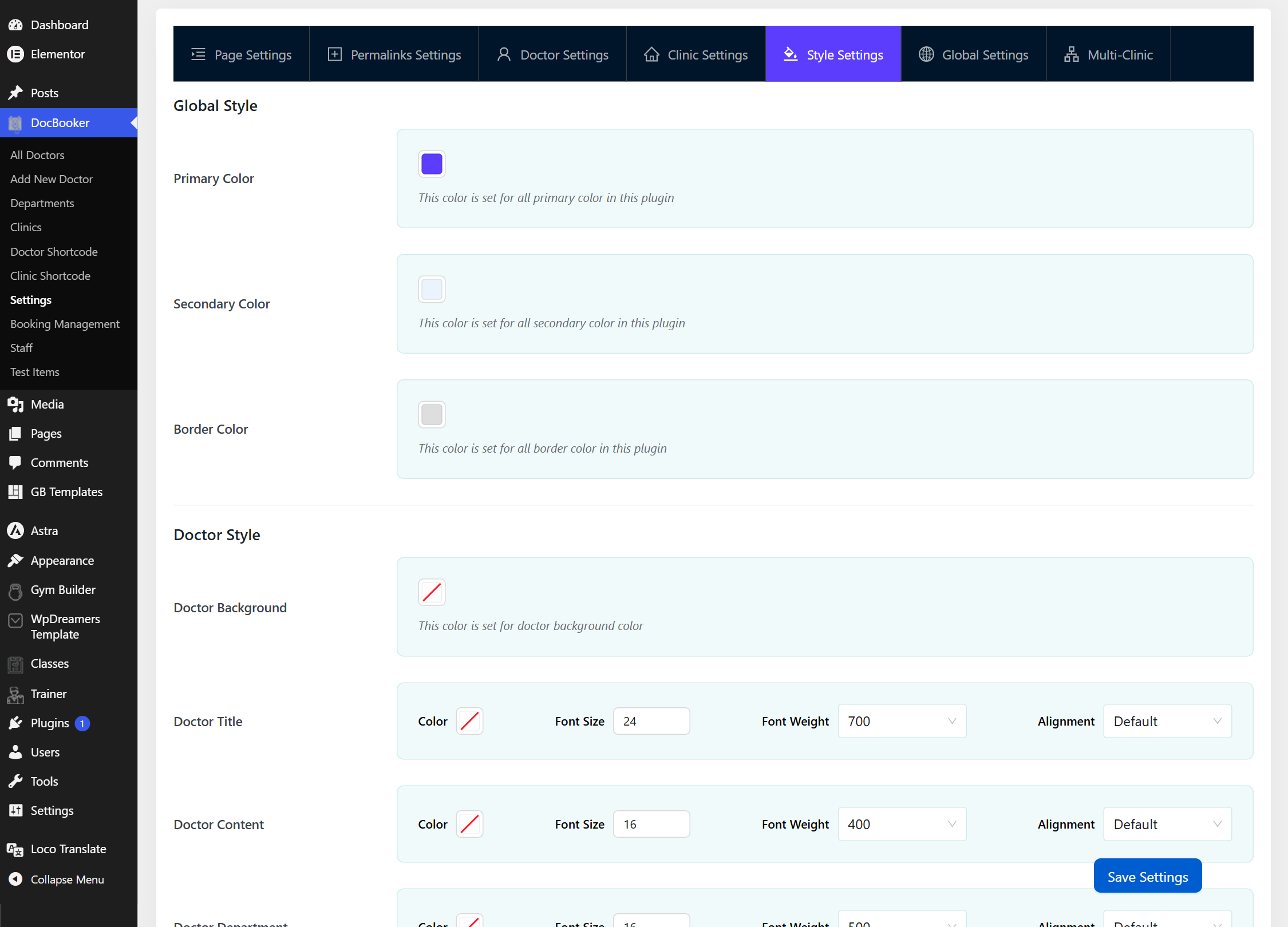 Style Settings tab with color pickers for the DocBooker interface