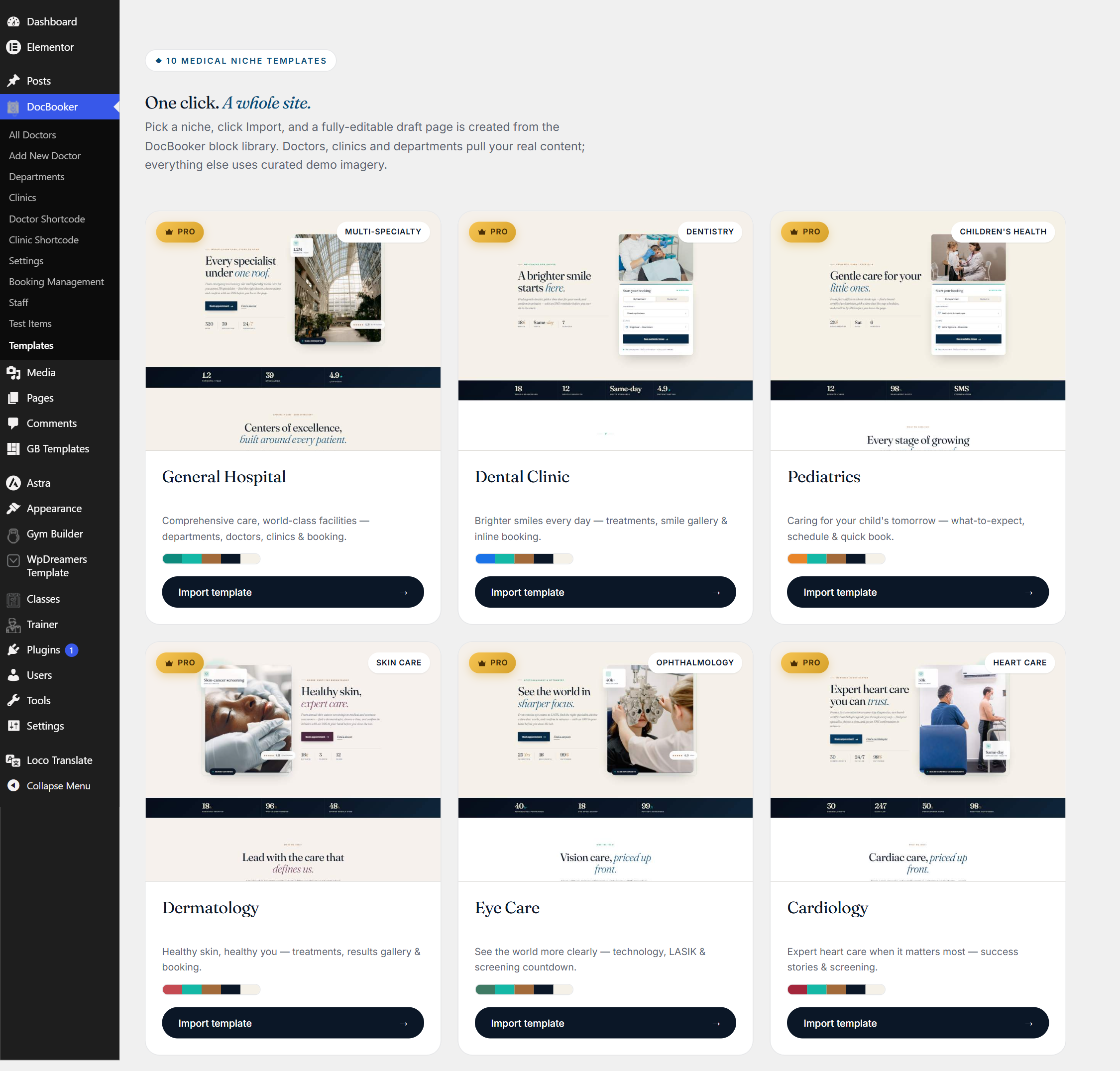 DocBooker Templates library — 10 medical niche cards with preview thumbnails and Import buttons