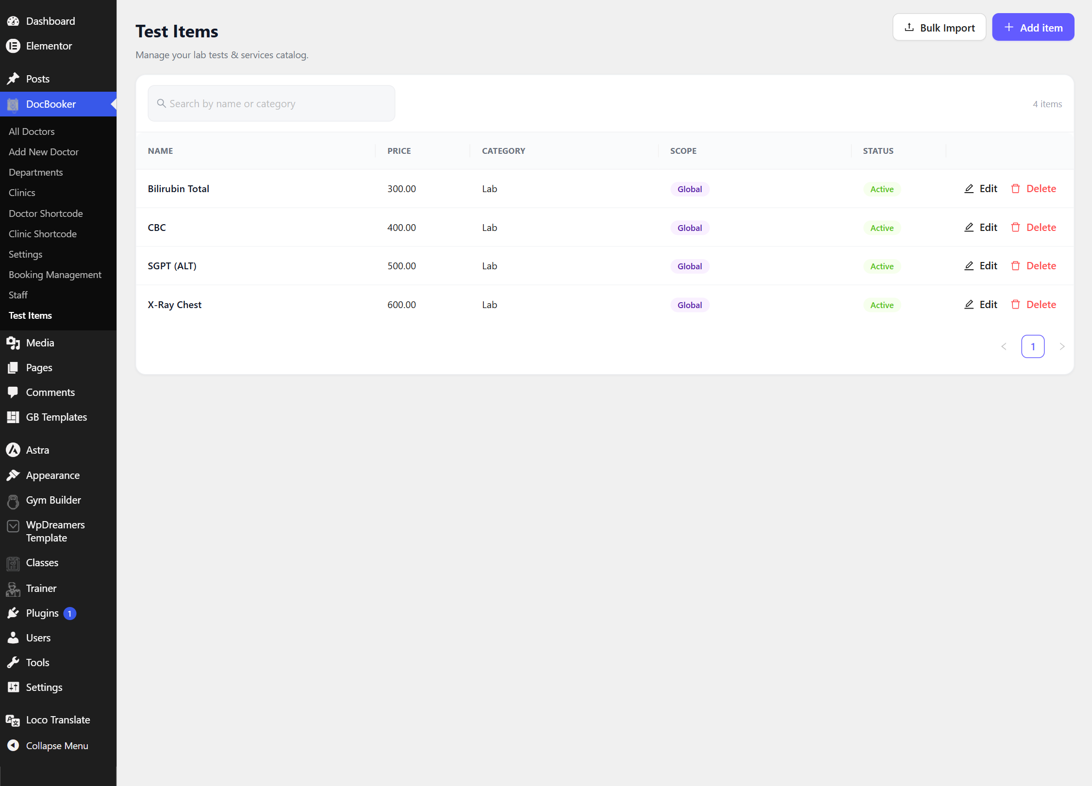 Test Items catalog with names, prices, categories, scope and bulk import