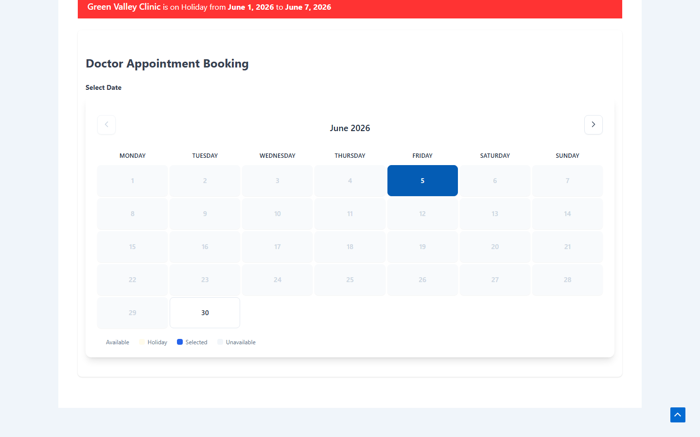 Booking calendar with available dates and time slots, holidays blocked