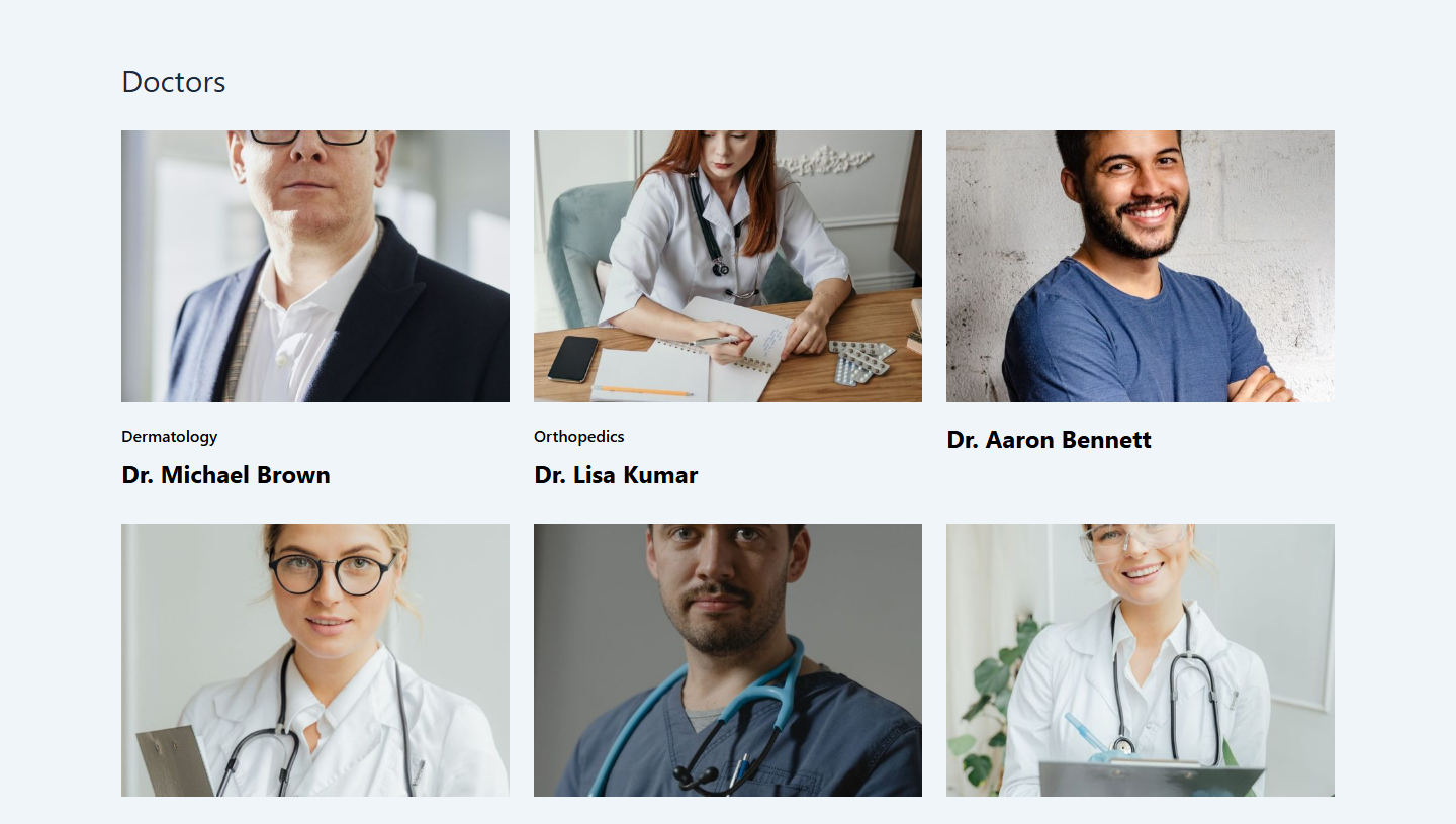 Doctor archive page with filter and doctor cards