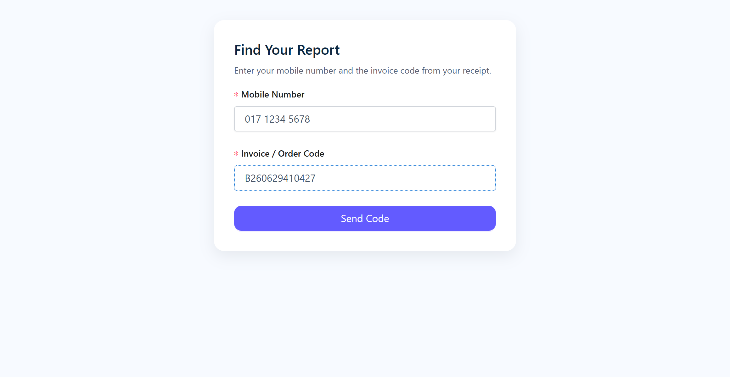 Patient portal 'Find Your Report' form: mobile number and invoice/order code fields with a Send Code button