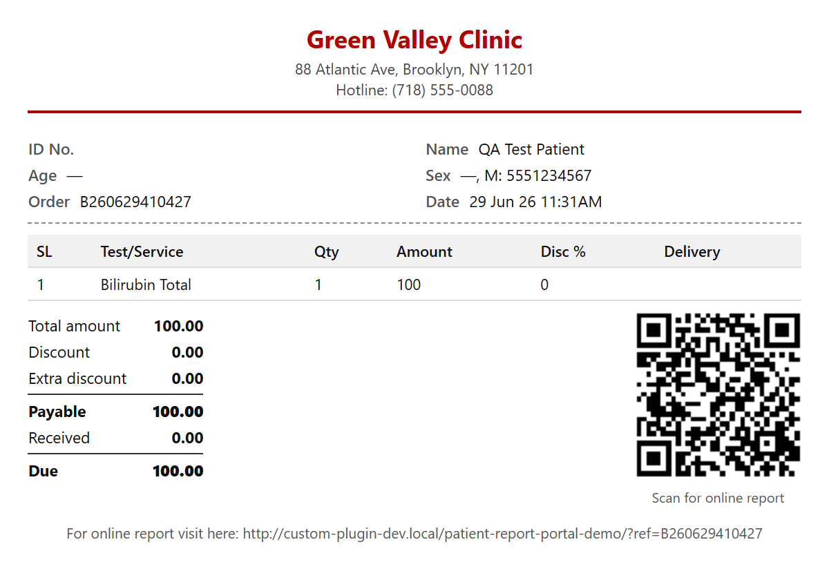 Printable test-order receipt: clinic header, itemised tests, totals and a QR code linking to the patient portal