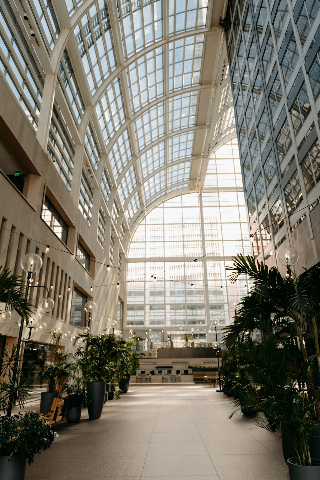 The bright, open atrium lobby of a modern multispecialty hospital